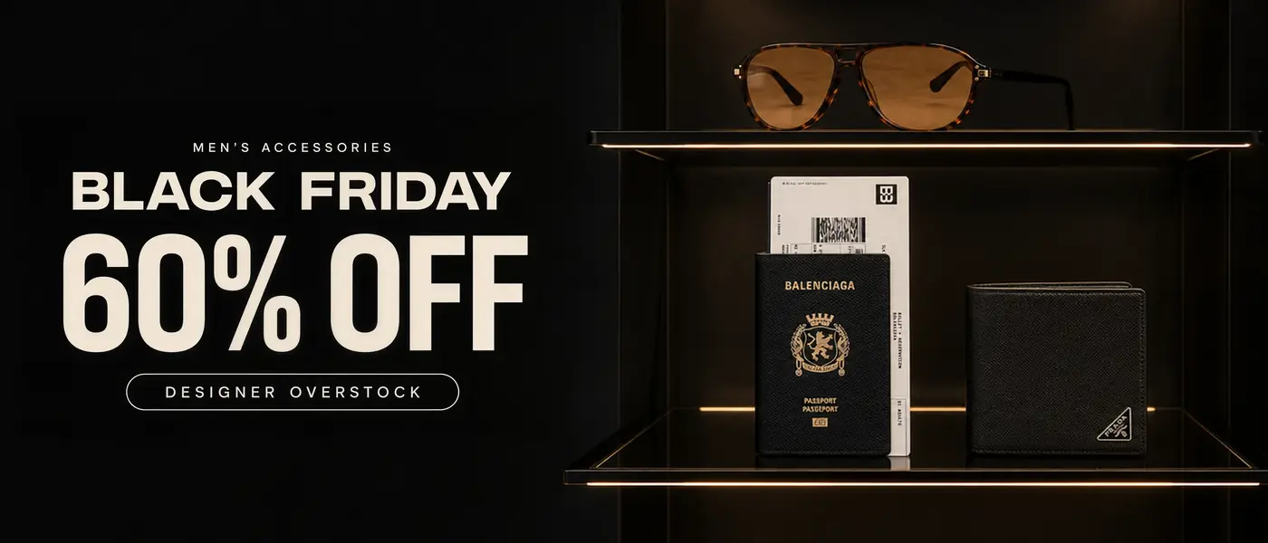 Men's Accessories. Black Friday. 60% Off. Designer Overstock. AMIRI Logo "Brown" sunglasses, Balenciaga Passport leather wallet and Prada Saffiano leather wallet