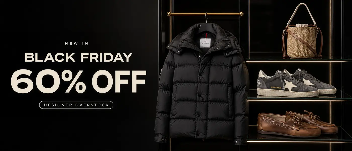 New In. Black Friday. 60% Off. Designer Overstock. Moncler Maya 70 puffer jacket, Golden Goose Ball Star sneakers, Miu Miu bleached leather loafers and Chloé small Woody bucket bag