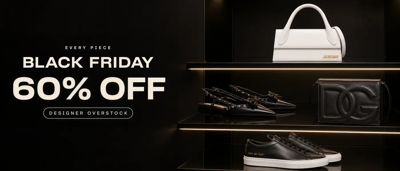 Every Piece. Black Friday. 60% Off. Designer Overstock. Jacquemus long Chiquito tote bag, Valentino Garavani Rockstud Bow slingback ballerina shoes, Common Projects Achilles Low sneakers and Dolce & Gabbana DG Logo leather cross body bag