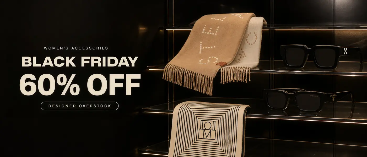 Women's Accessories. Black Friday. 60% Off. Designer Overstock. Stella McCartney logo dotted fringed scarf, Off-White Eyewear Arrows square-frame sunglasses, Prada Eyewear PR B06S sunglasses and TOTEME stripe print scarf