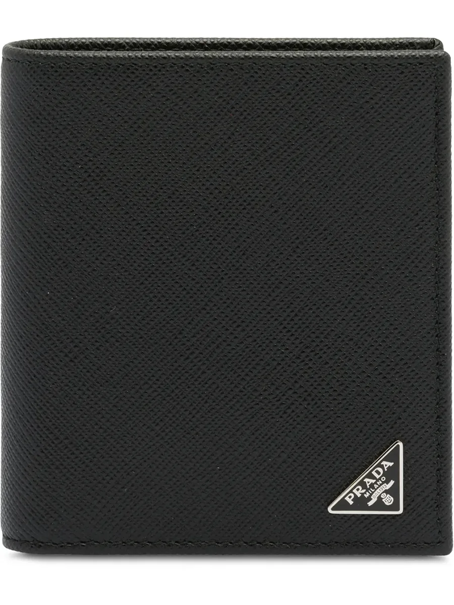 Black textured calf leather wallet with a silver-tone enamel triangle logo, close front view