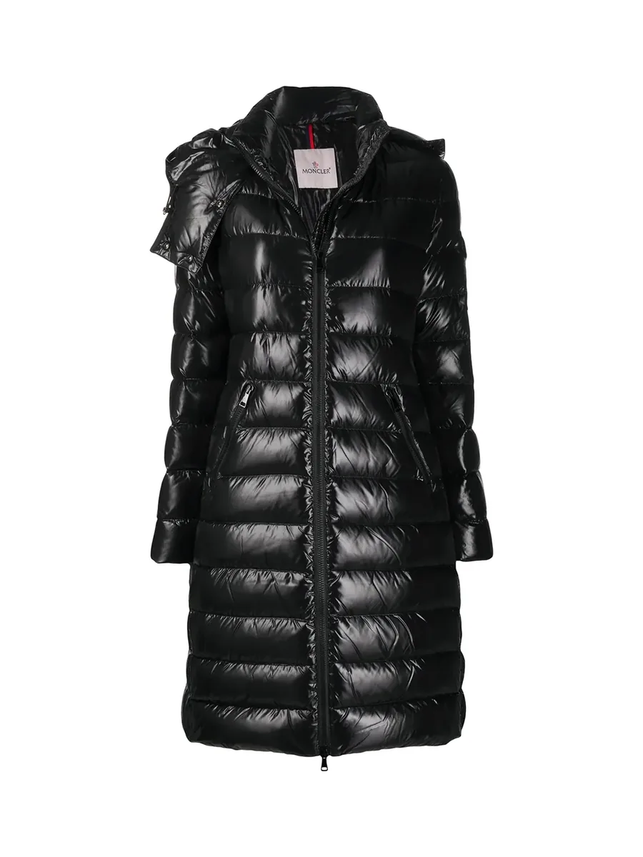 Long black high-shine puffer coat with a hood and front zip, front view