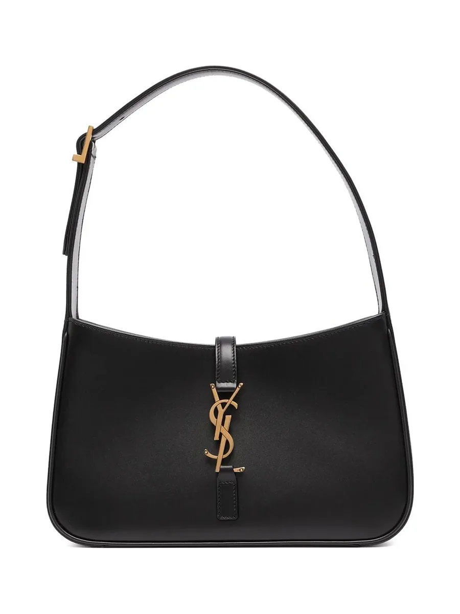 Black leather shoulder bag with a gold-tone YSL plaque on the front tab, front view