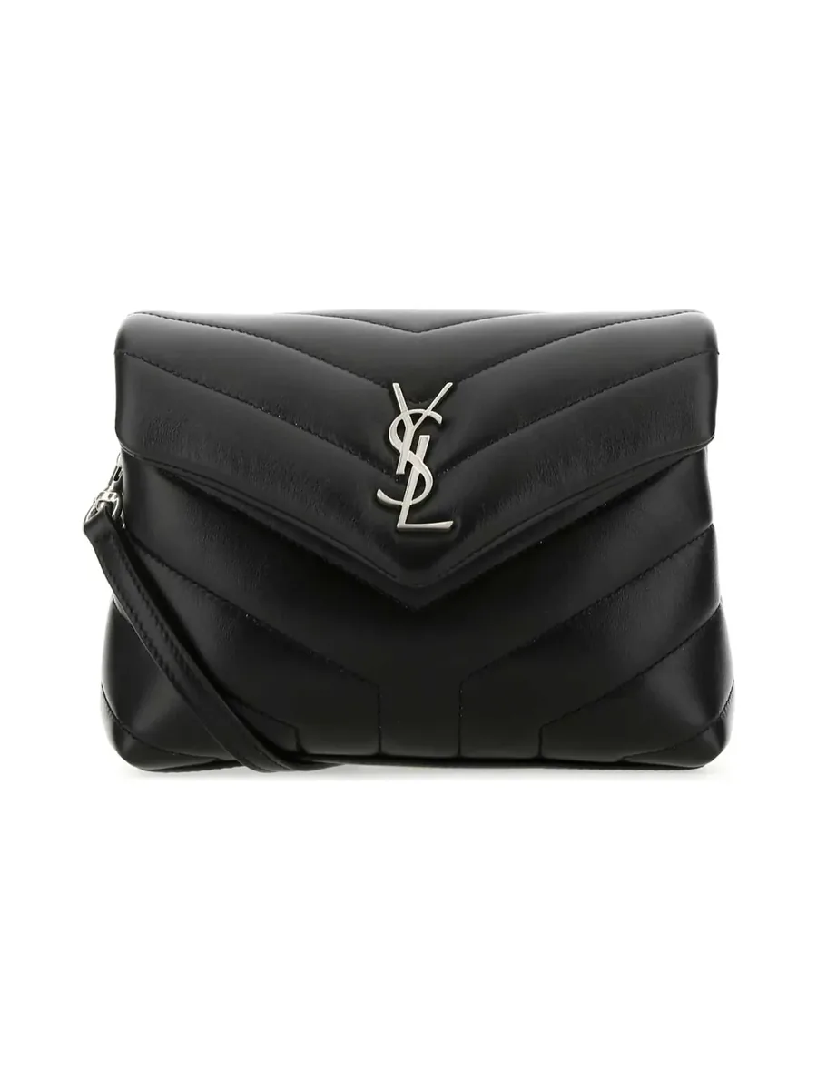 Black quilted leather crossbody bag with a silver-tone YSL monogram on the flap, front view