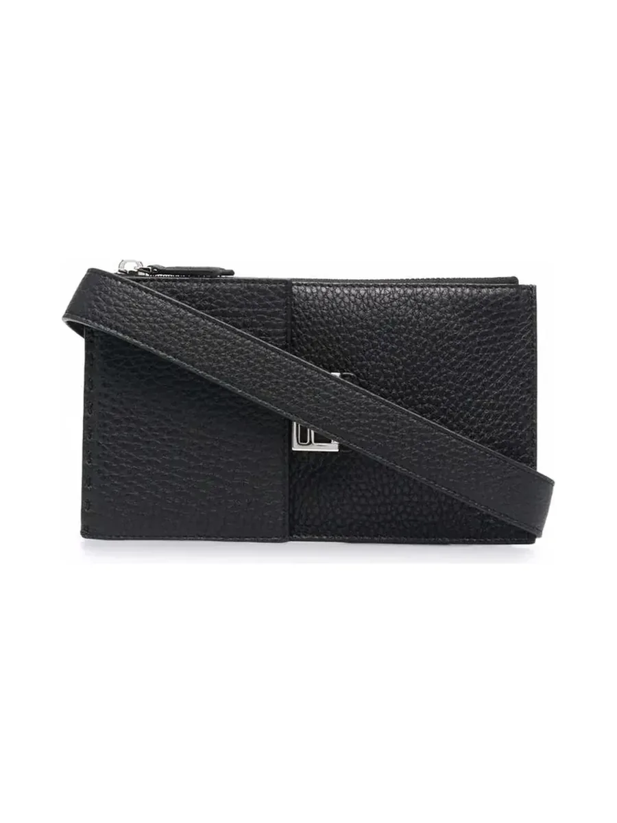 Small black grained crossbody bag with a top zip, silver-tone clasp and strap, front view