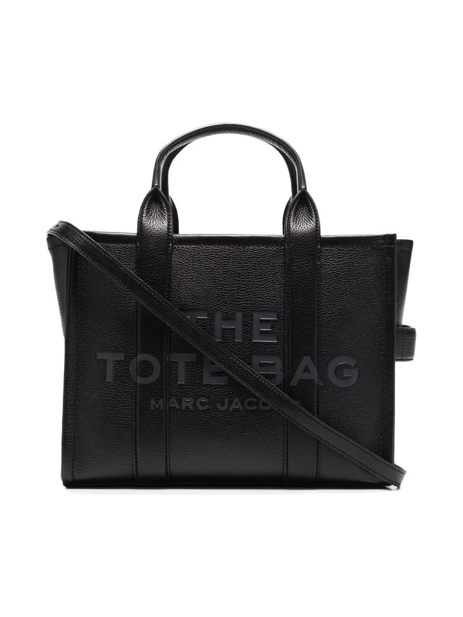 Medium black grained leather tote with debossed lettering, two handles and a strap, front view