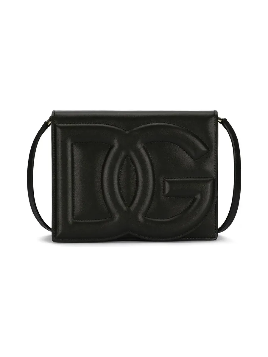 Black leather crossbody bag with a large embossed DG logo on the flap, front view
