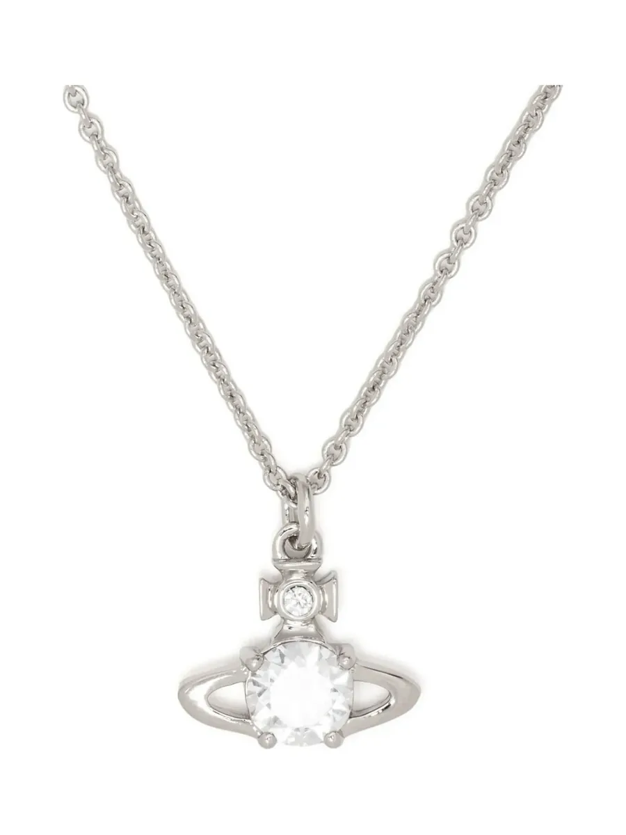 Silver-tone Orb pendant set with a large round clear stone, close-up