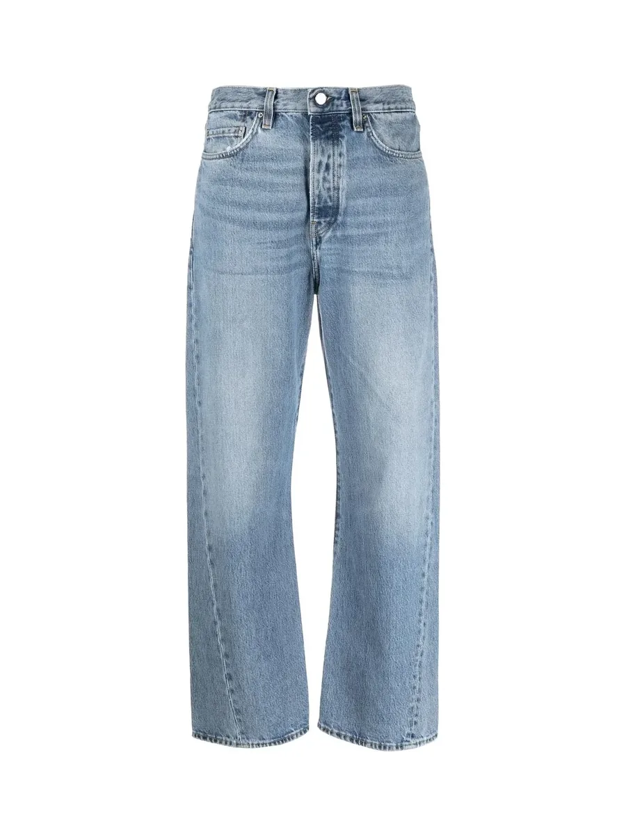 Light blue straight-leg jeans with twisted seams and a button fly, front view