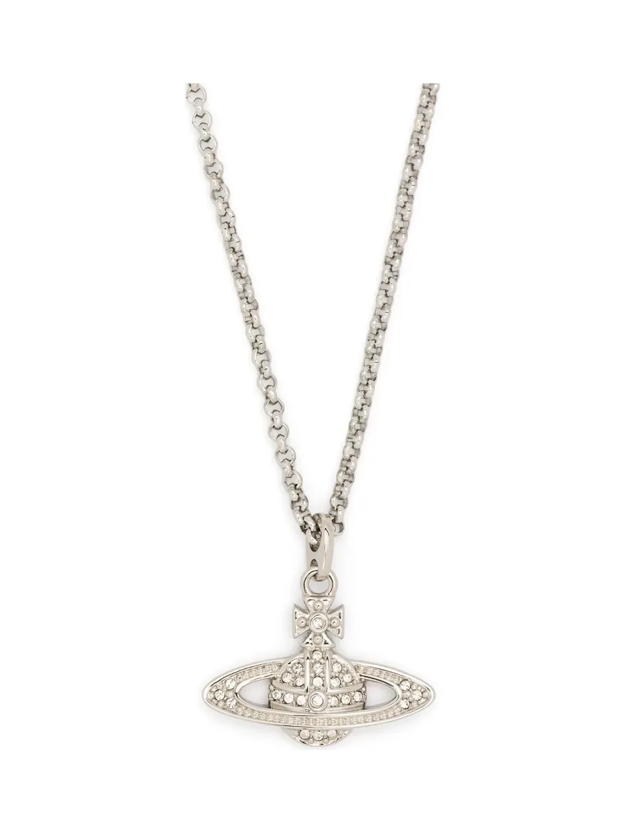 Silver-tone crystal Orb pendant on an anchor chain, close-up