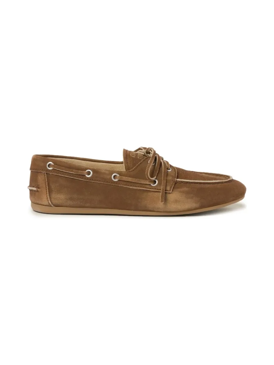 Brown suede boat-style loafer with leather laces, side view