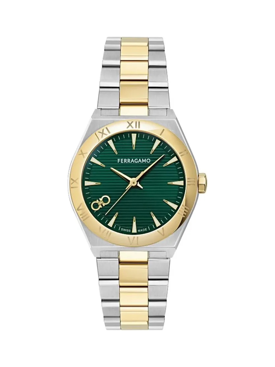 Two-tone stainless steel watch with a green dial and gold-tone bezel, front view