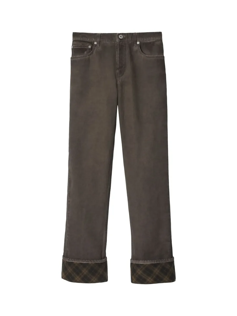 Dark grey wide-leg jeans with checked turn-up cuffs, front view