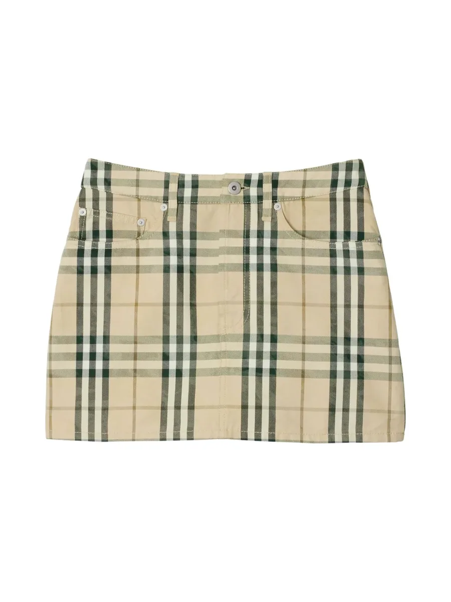 Sand beige and dark green check mini skirt with five pockets, front view
