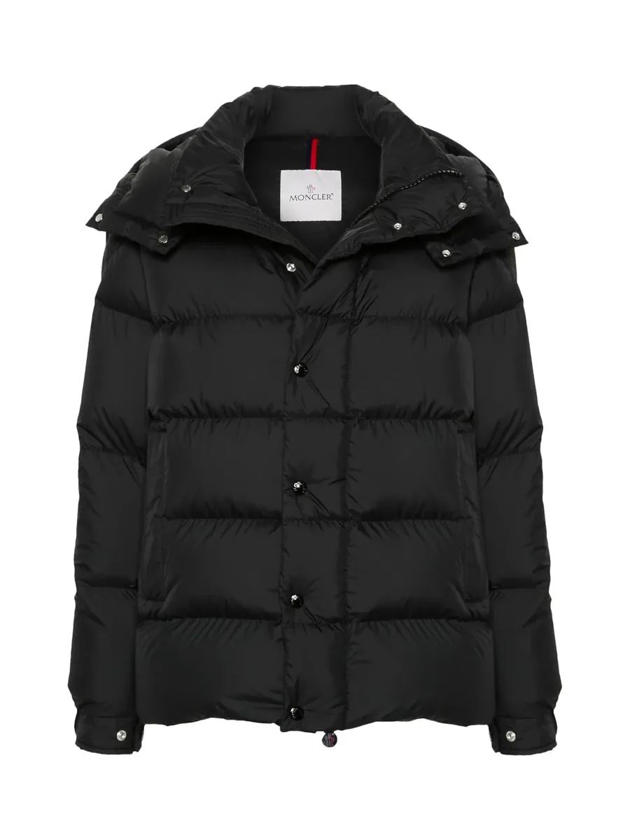 Black quilted puffer jacket with a hood and press-stud front, front view