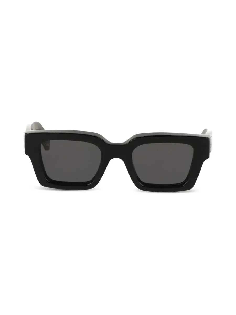 Black square-frame sunglasses with thick rims and dark grey lenses, front view