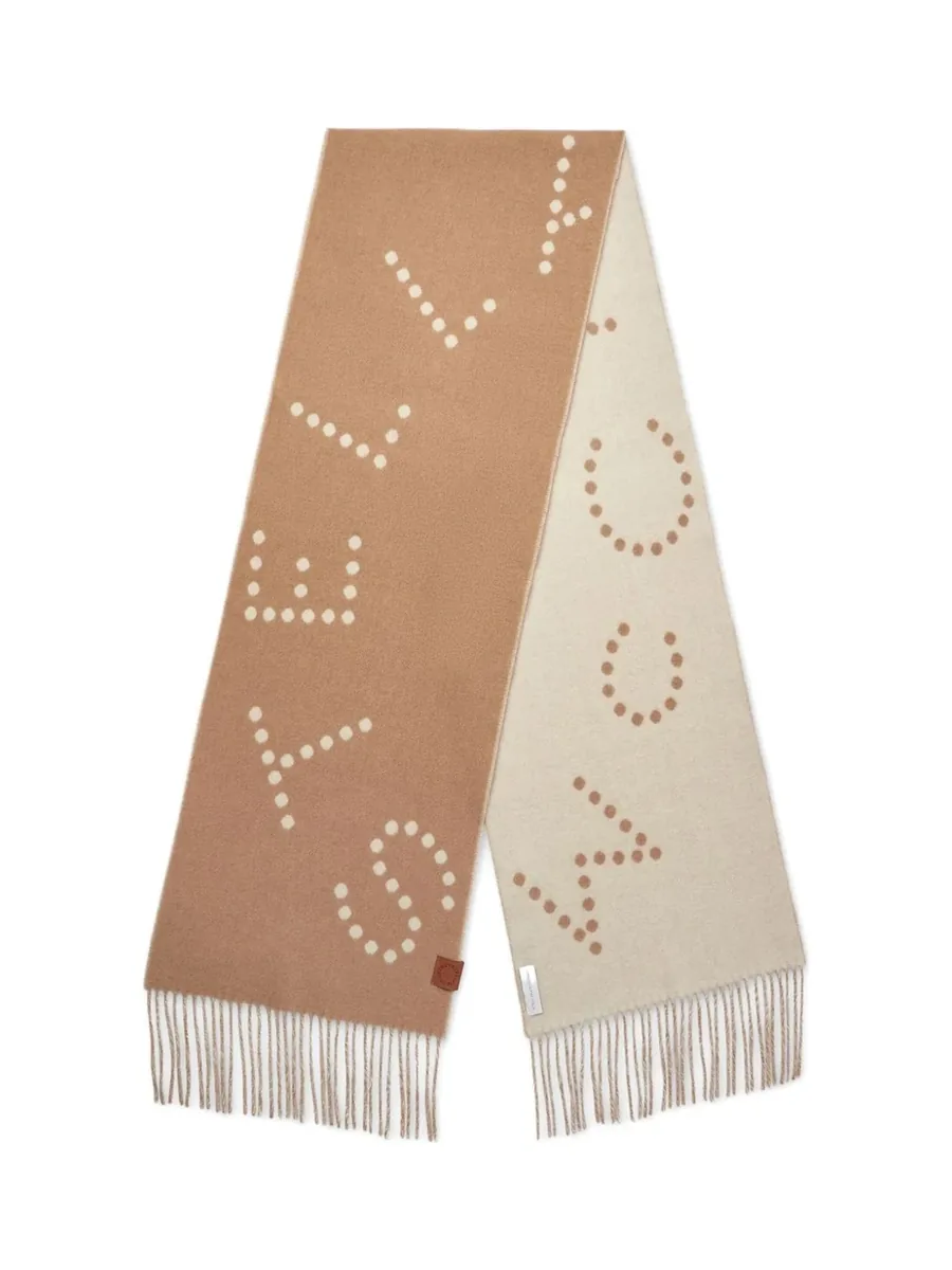 Camel and cream two-tone scarf with dotted logo lettering and fringed ends, laid flat
