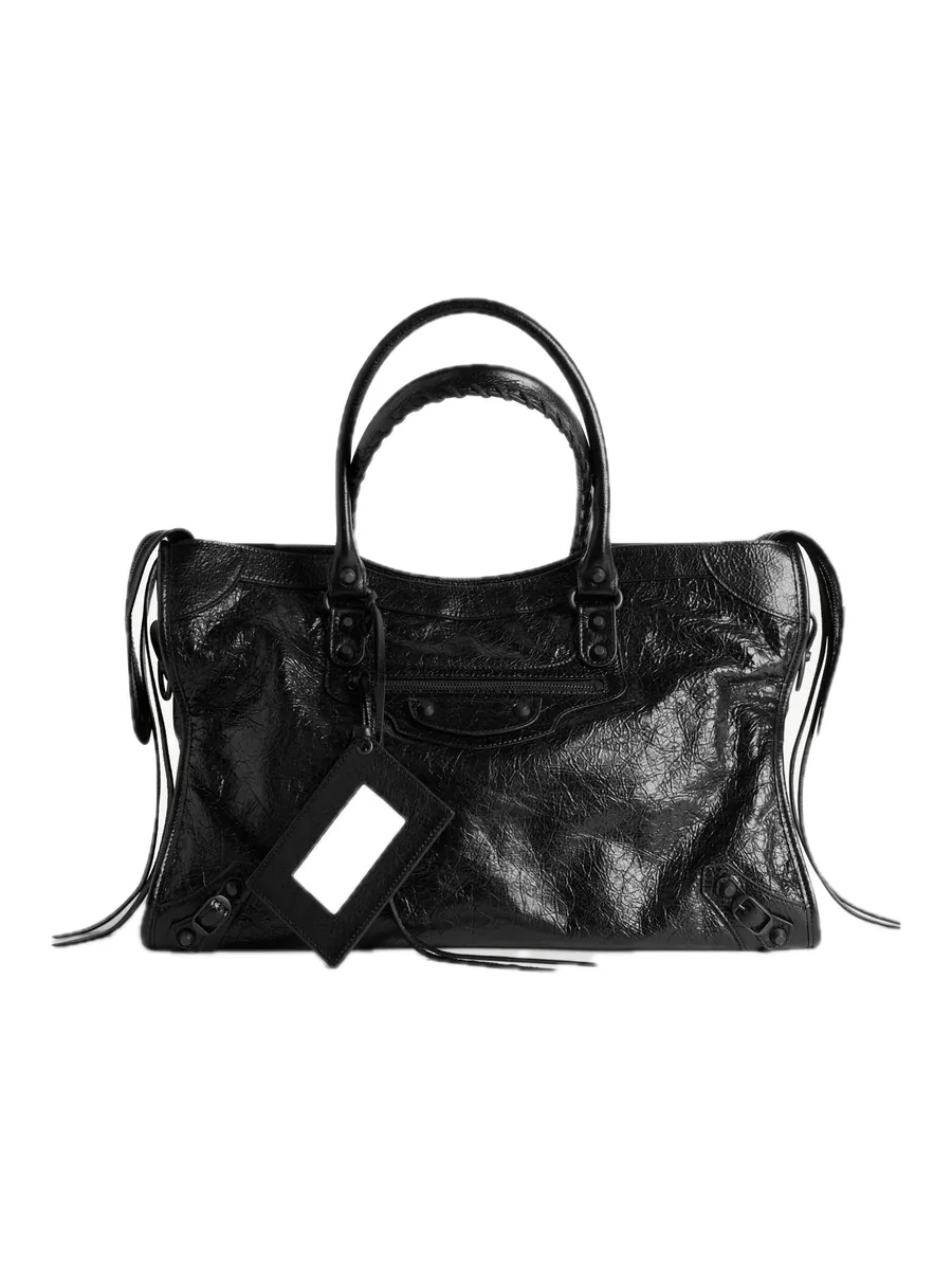 Large Black Lambskin Tote, front view with the mirror