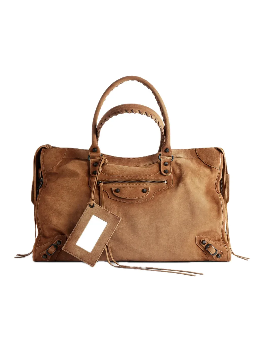 Large Camel Suede Tote, front view with the mirror