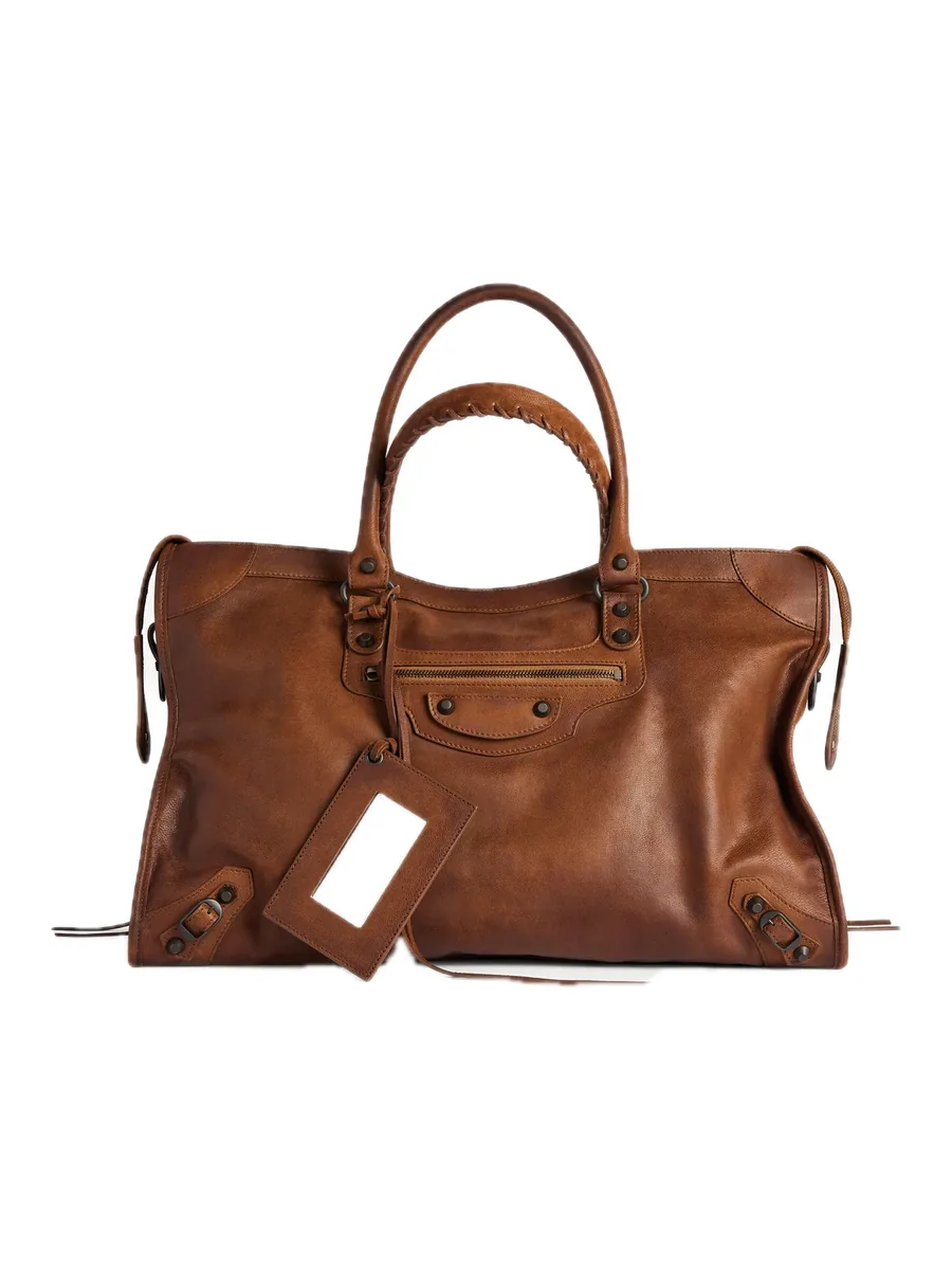 Large Caramel Goatskin Tote, front view with the mirror