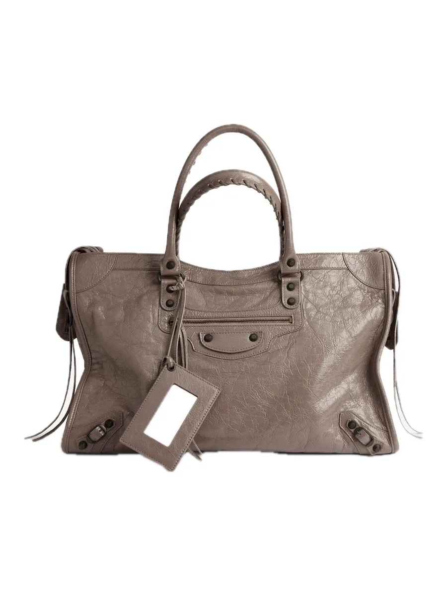 Large Walnut Lambskin Tote, front view with the mirror