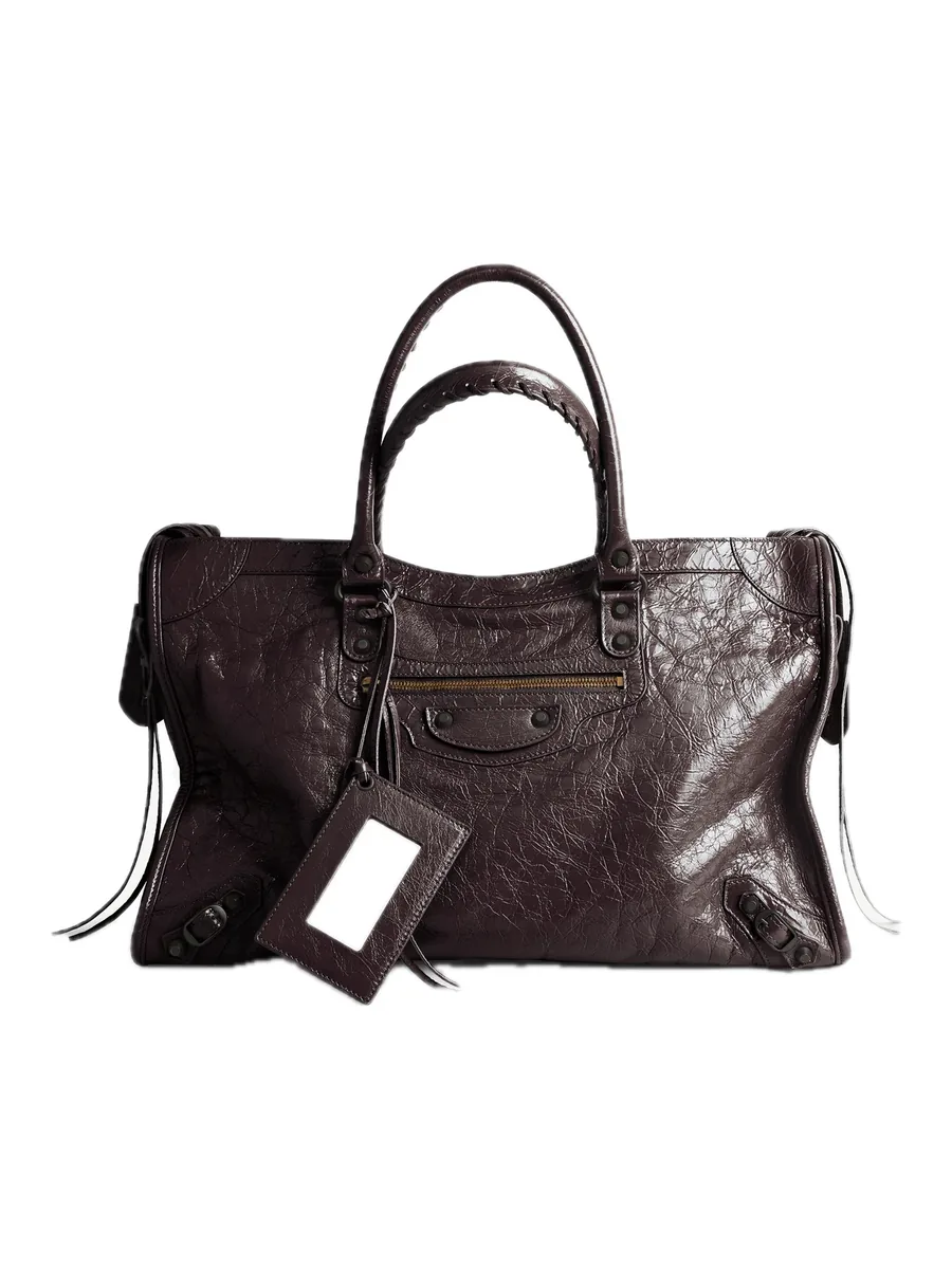 Large Espresso Lambskin Tote, front view with the mirror