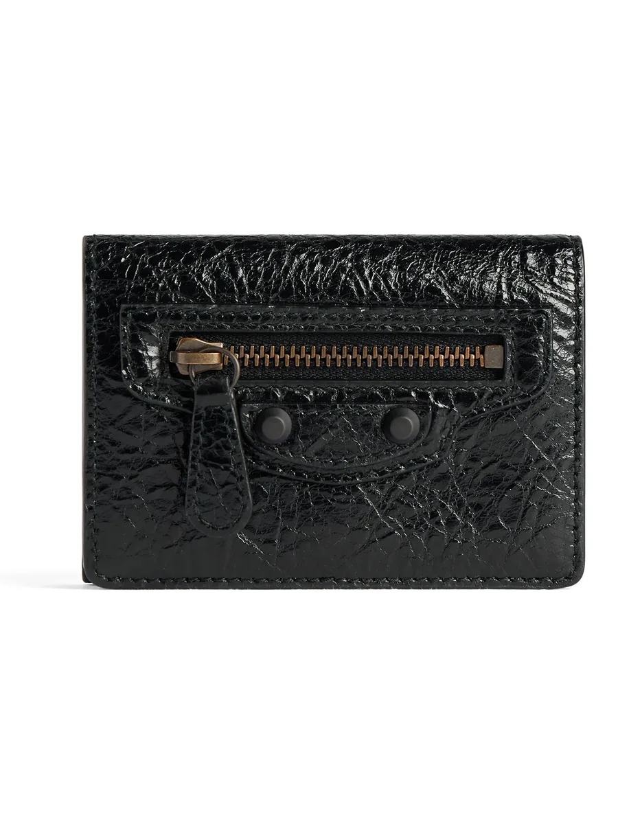 Black Leather Compact Wallet, front view