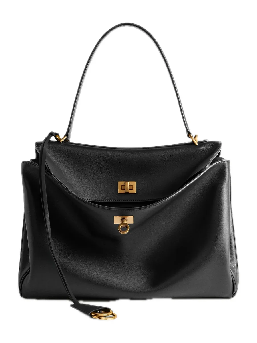 Black Leather Top-Handle Bag with an open flap and a turn lock, front view
