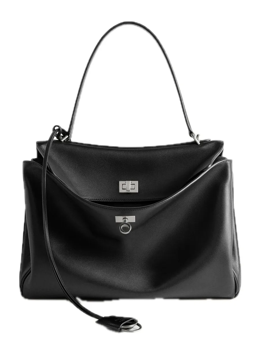 Black Leather Top-Handle Bag with an open flap and a turn lock, front view