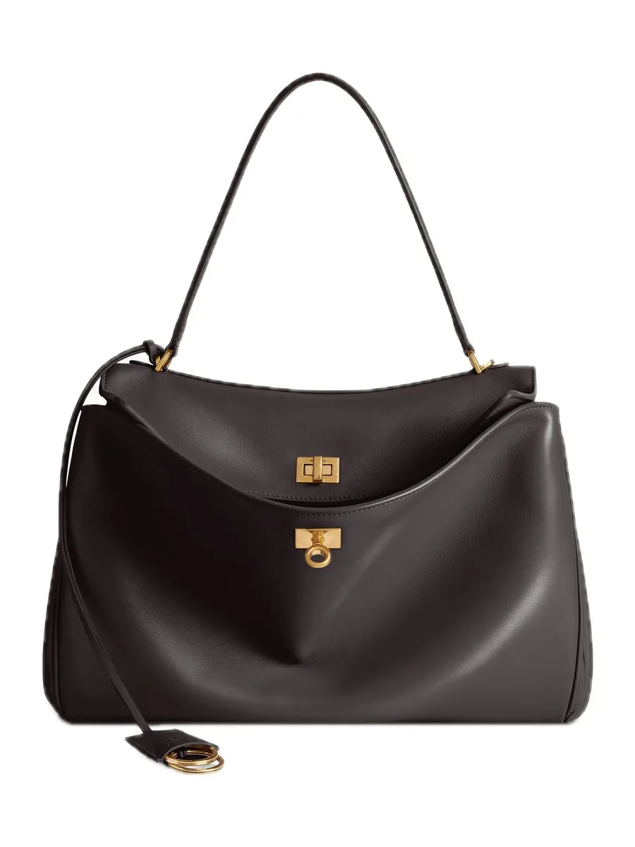 Dark Brown Leather Top-Handle Bag with an open flap and a turn lock, front view