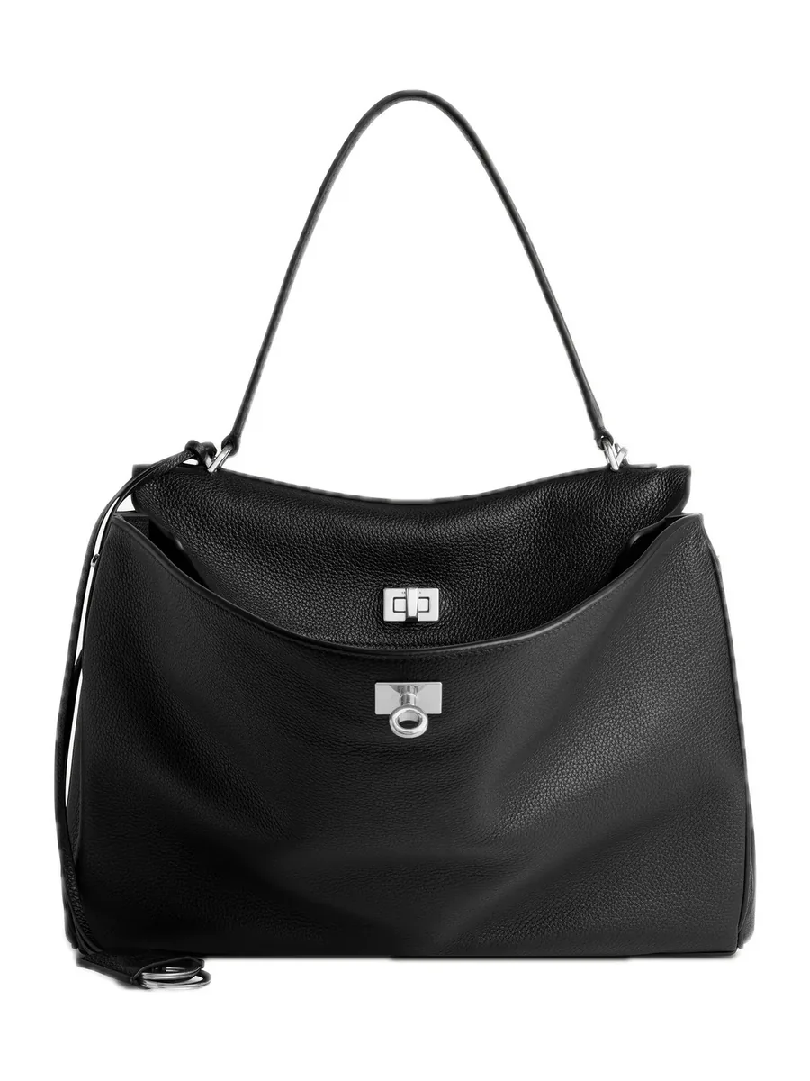 Black Grained Leather Top-Handle Bag with an open flap and a turn lock, front view