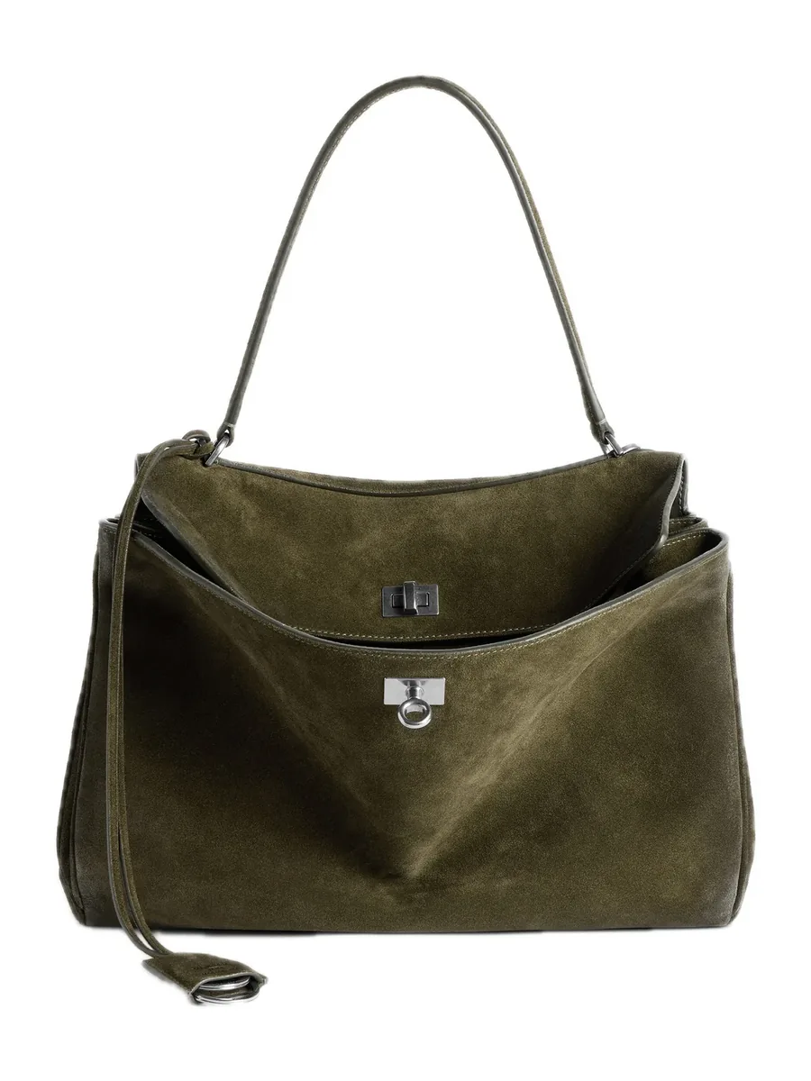 Khaki Green Suede Top-Handle Bag with an open flap and a turn lock, front view