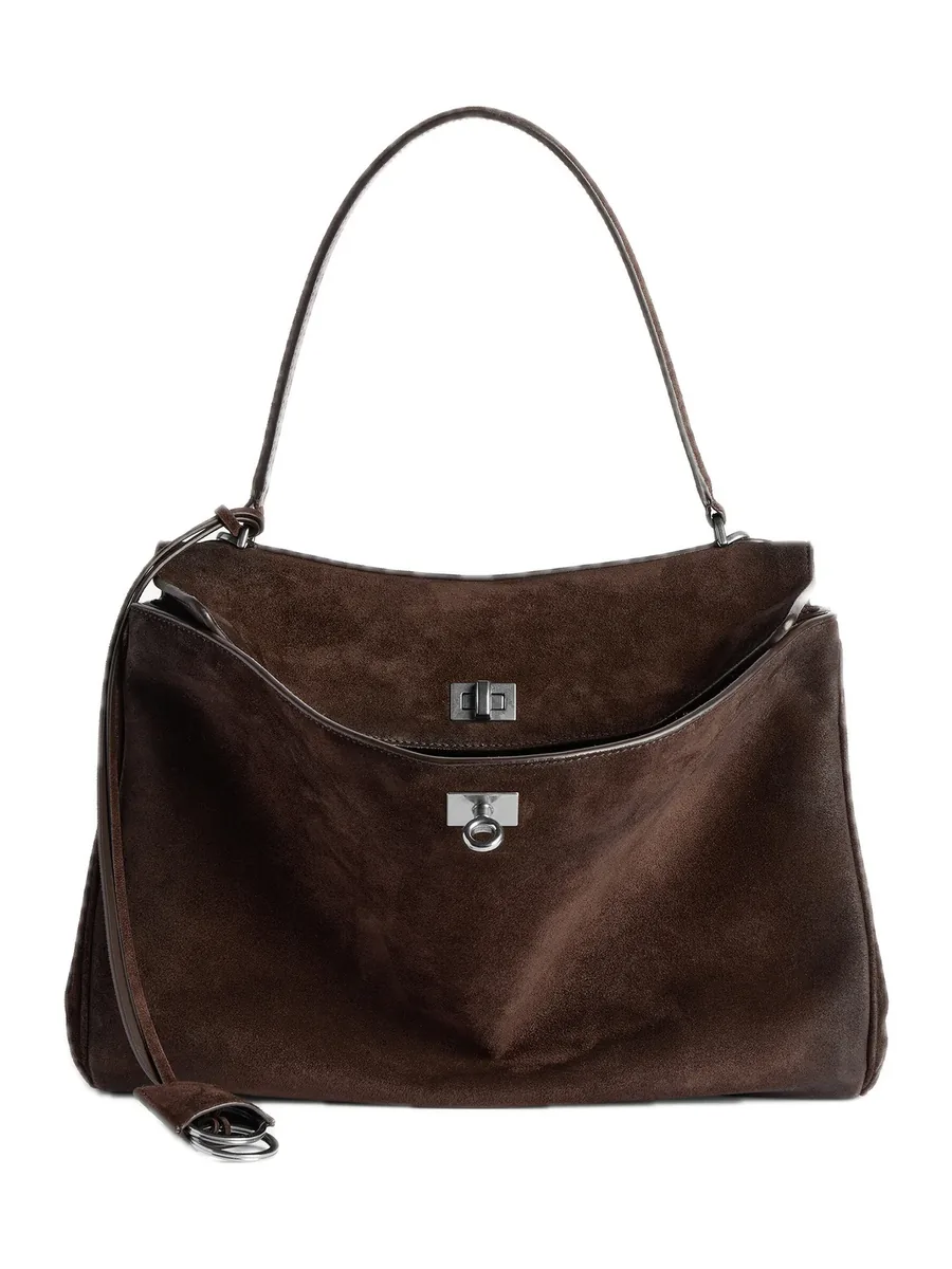 Dark Brown Suede Top-Handle Bag with an open flap and a turn lock, front view
