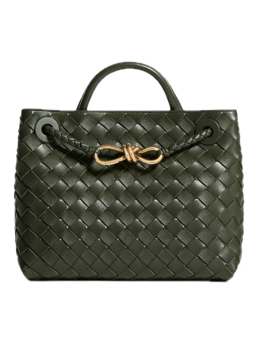 Dark Green Woven Leather Top-Handle Bag, front view