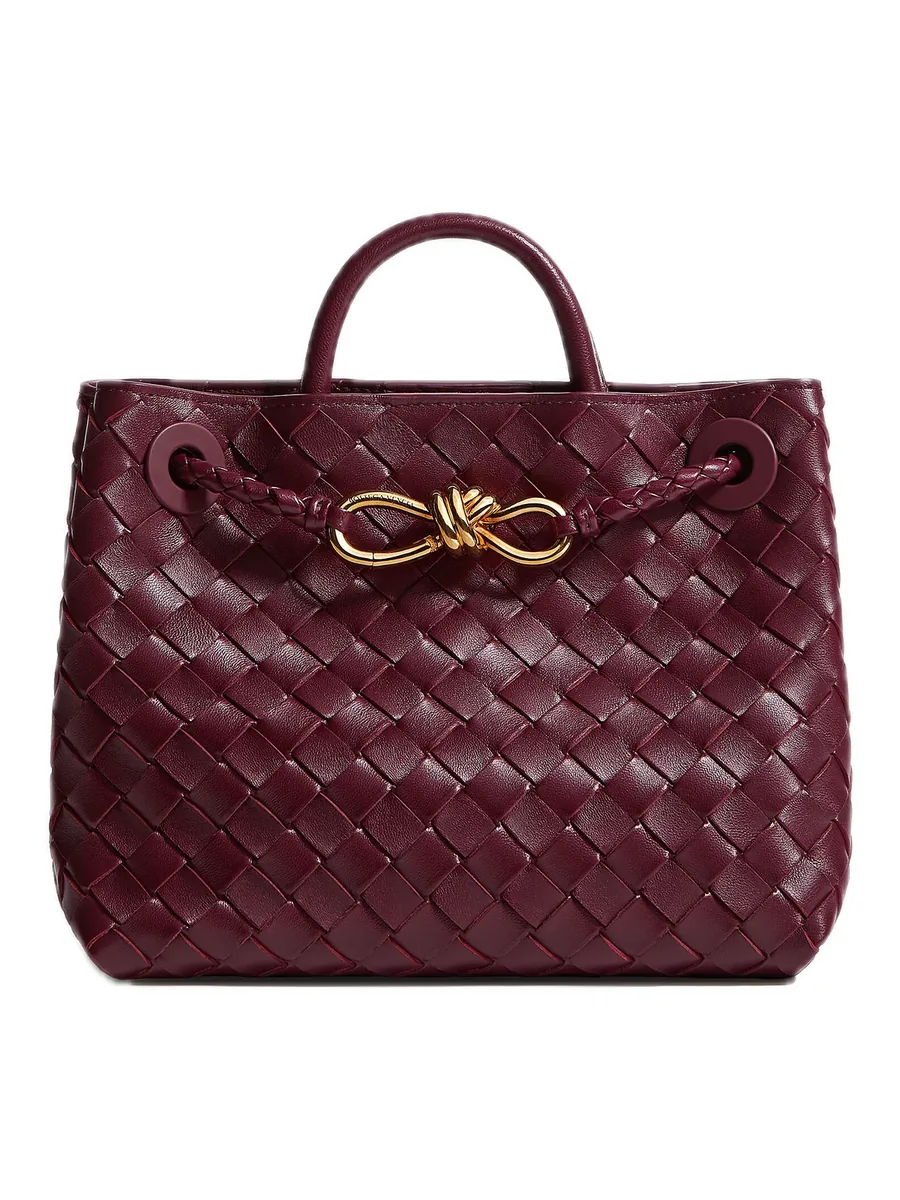 Burgundy Woven Leather Top-Handle Bag, front view
