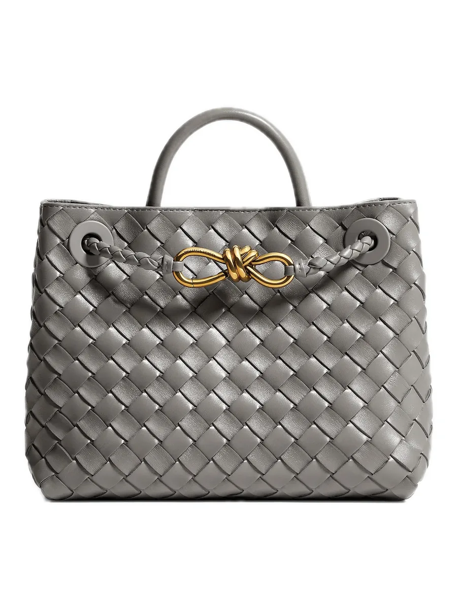Grey Woven Leather Top-Handle Bag, front view