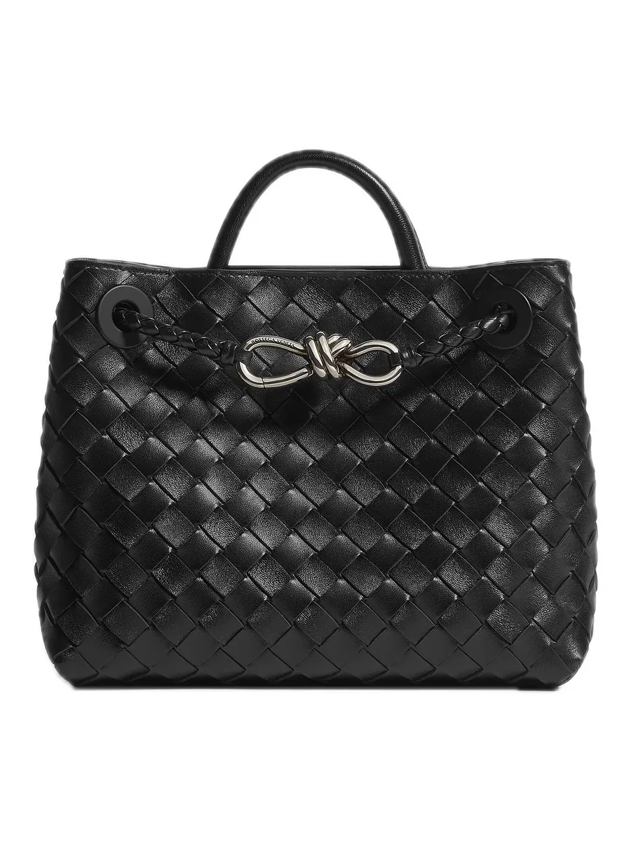 Black Woven Leather Top-Handle Bag, Silver Hardware, front view