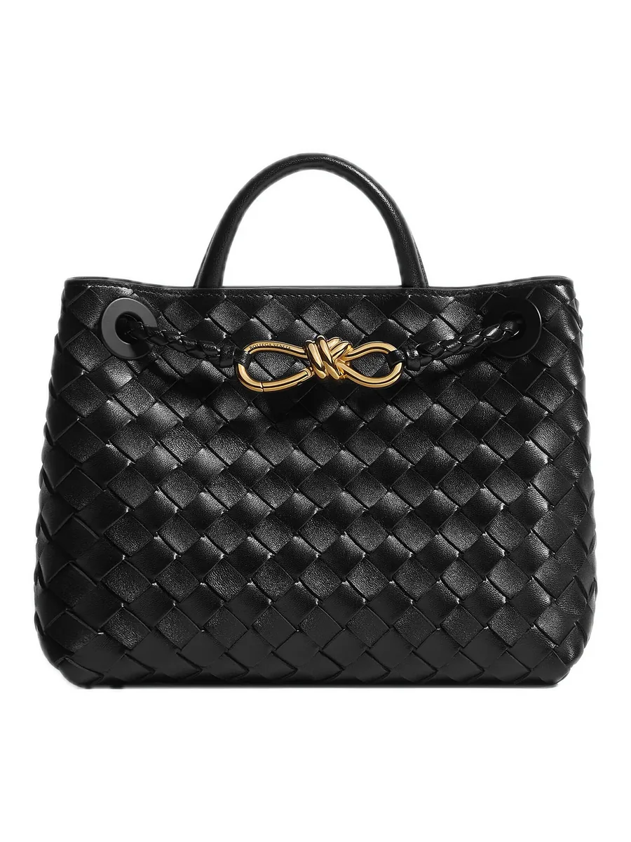 Black Woven Leather Top-Handle Bag, front view