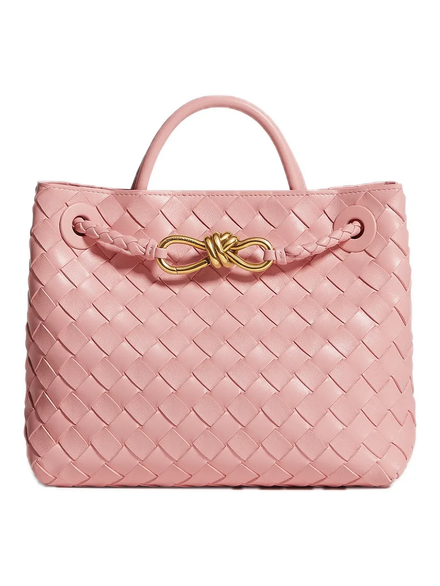 Pink Woven Leather Top-Handle Bag, front view