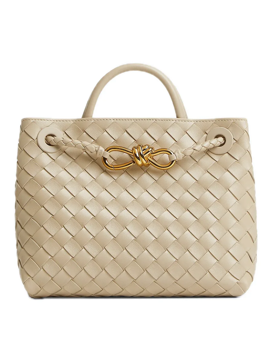 Ecru Woven Leather Top-Handle Bag, front view