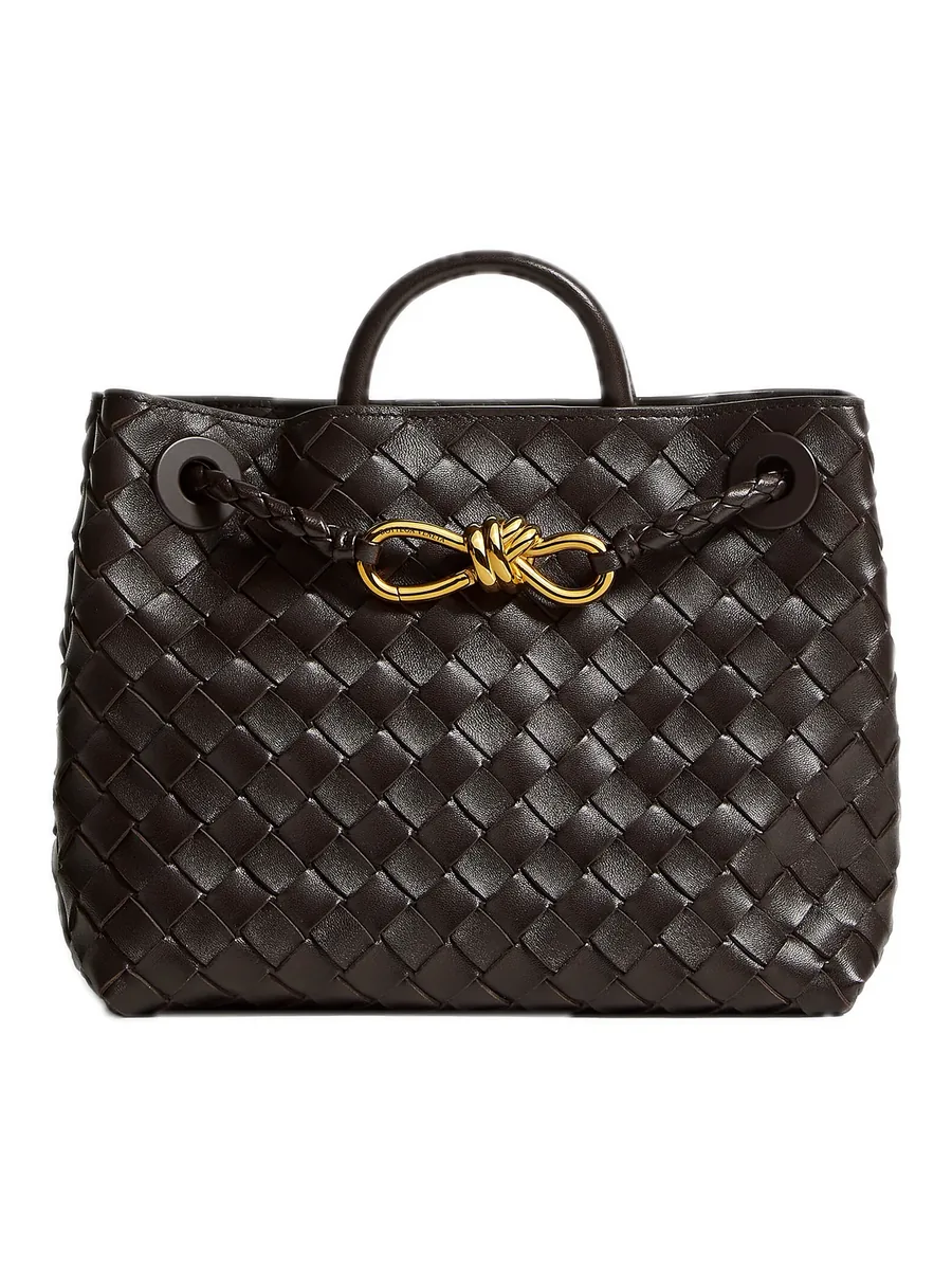 Dark Brown Woven Leather Top-Handle Bag, front view