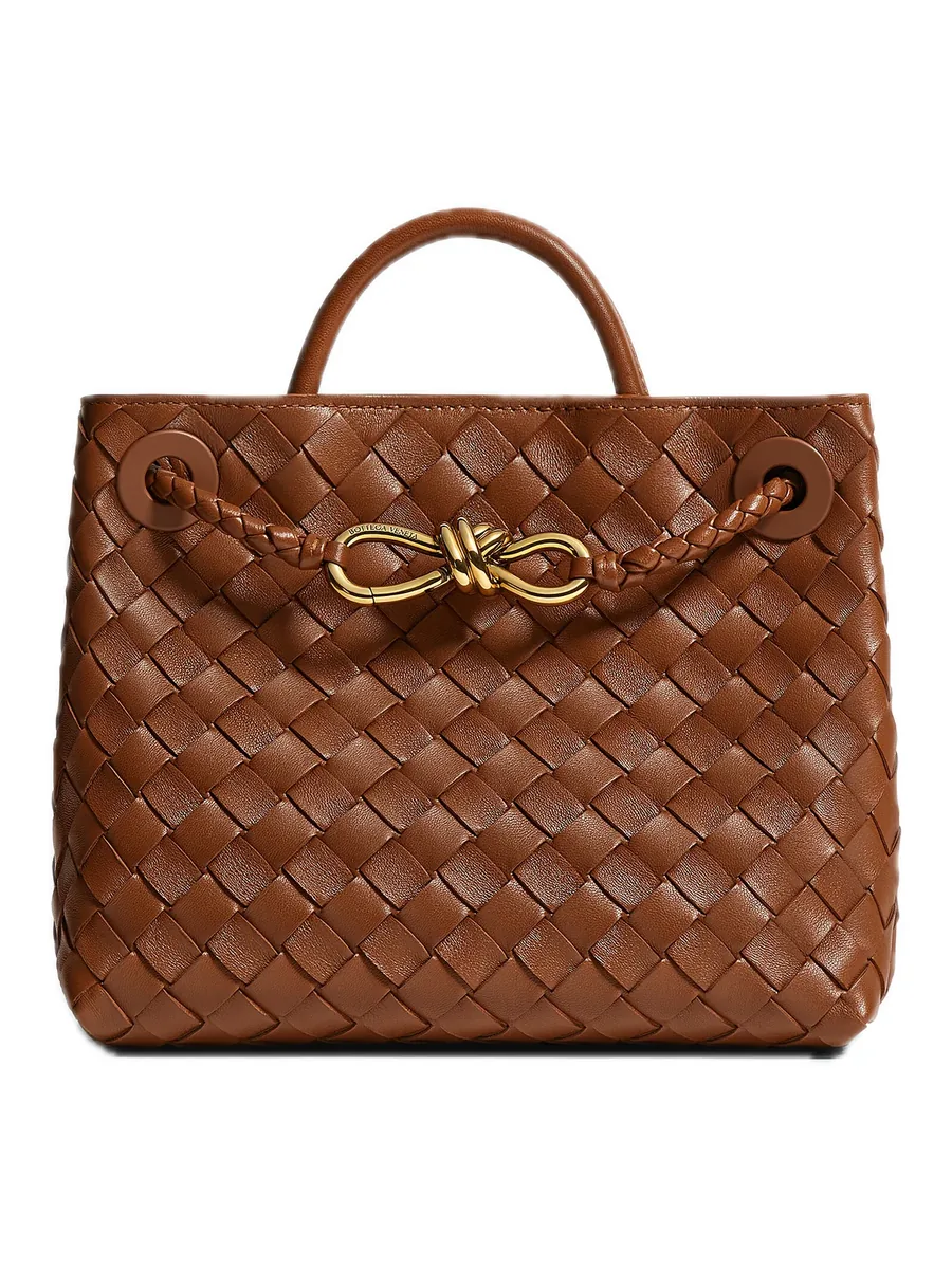 Tan Woven Leather Top-Handle Bag, front view