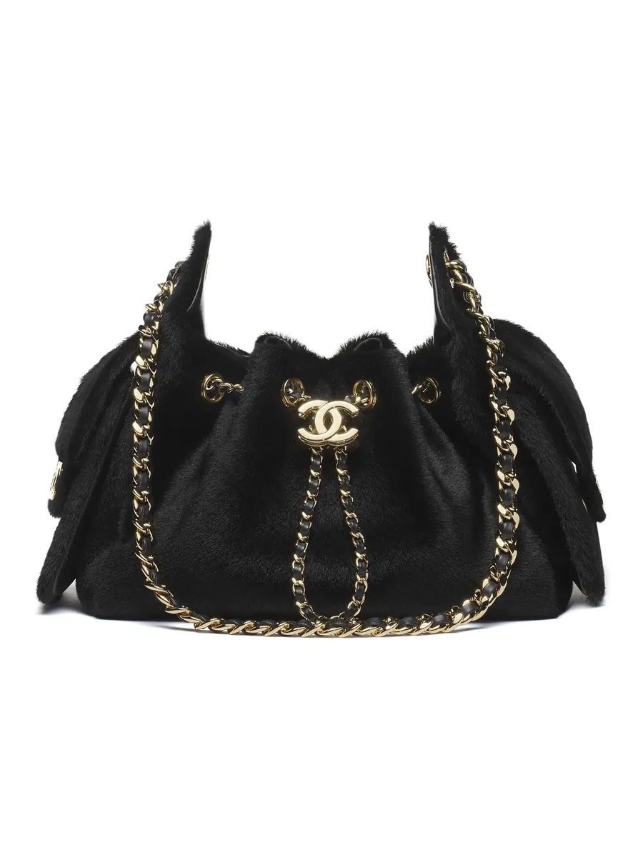 Black Lambskin Mini Drawstring Bag, front view