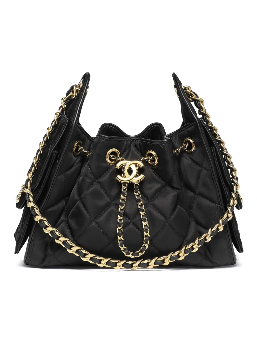 Black Quilted Nylon Mini Drawstring Bag, front view