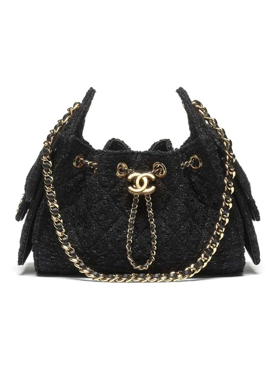 Black Cotton and Wool Tweed Mini Drawstring Bag, front view