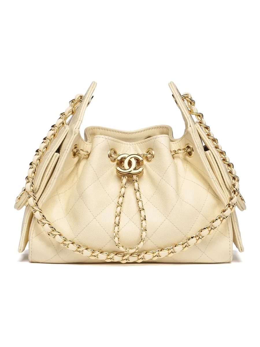 Ecru Quilted Grained Calfskin Mini Drawstring Bag, front view