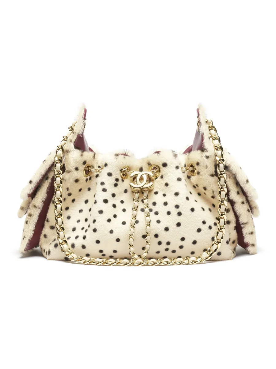 Light Beige and Black Spotted Lambskin Mini Drawstring Bag, front view