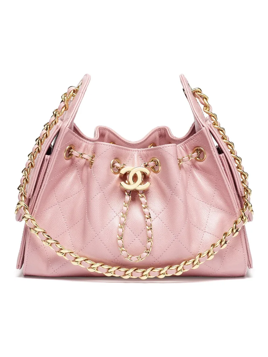 Light Pink Quilted Grained Calfskin Mini Drawstring Bag, front view