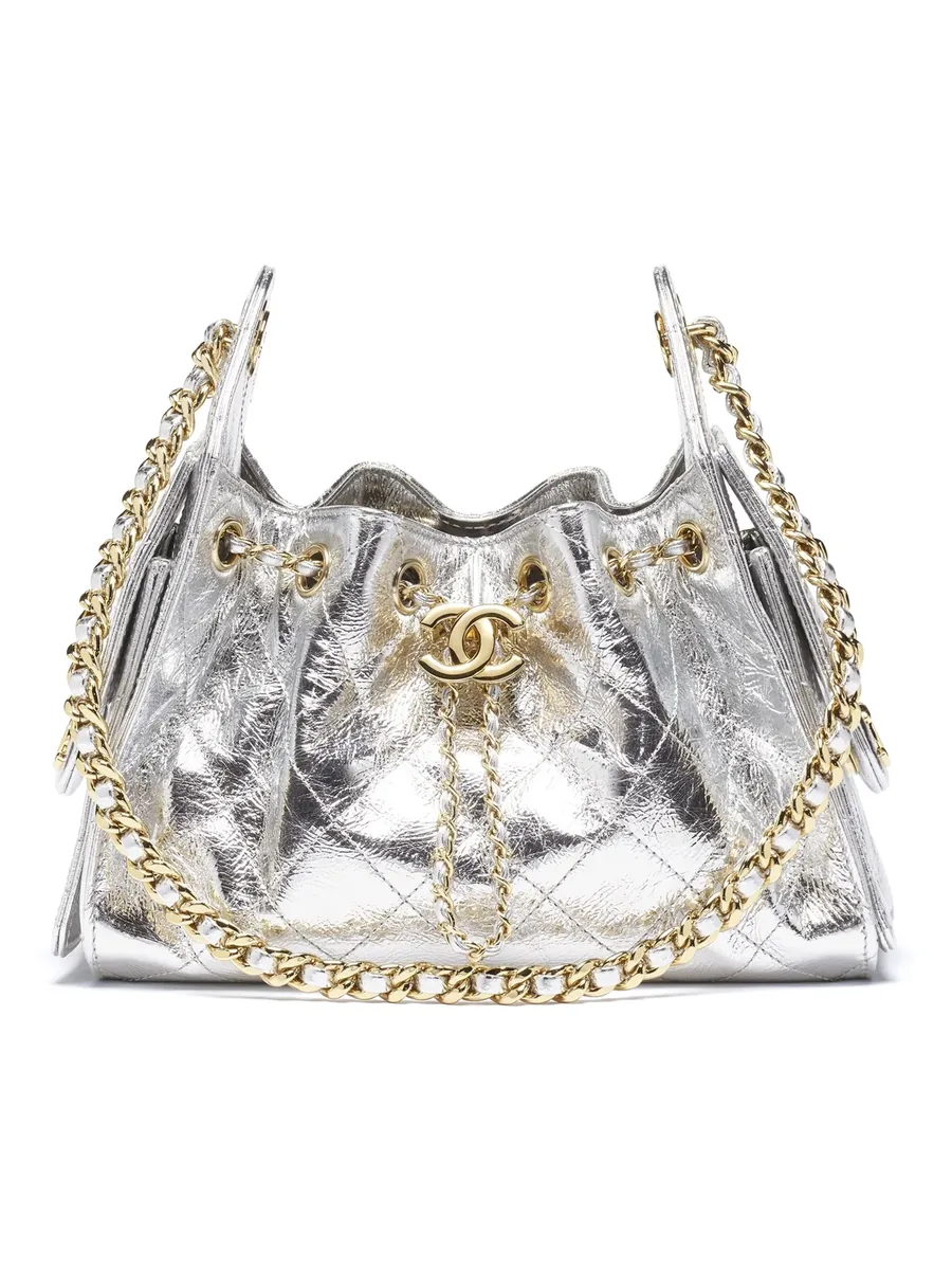 Silver Metallic Calfskin Mini Drawstring Bag, front view