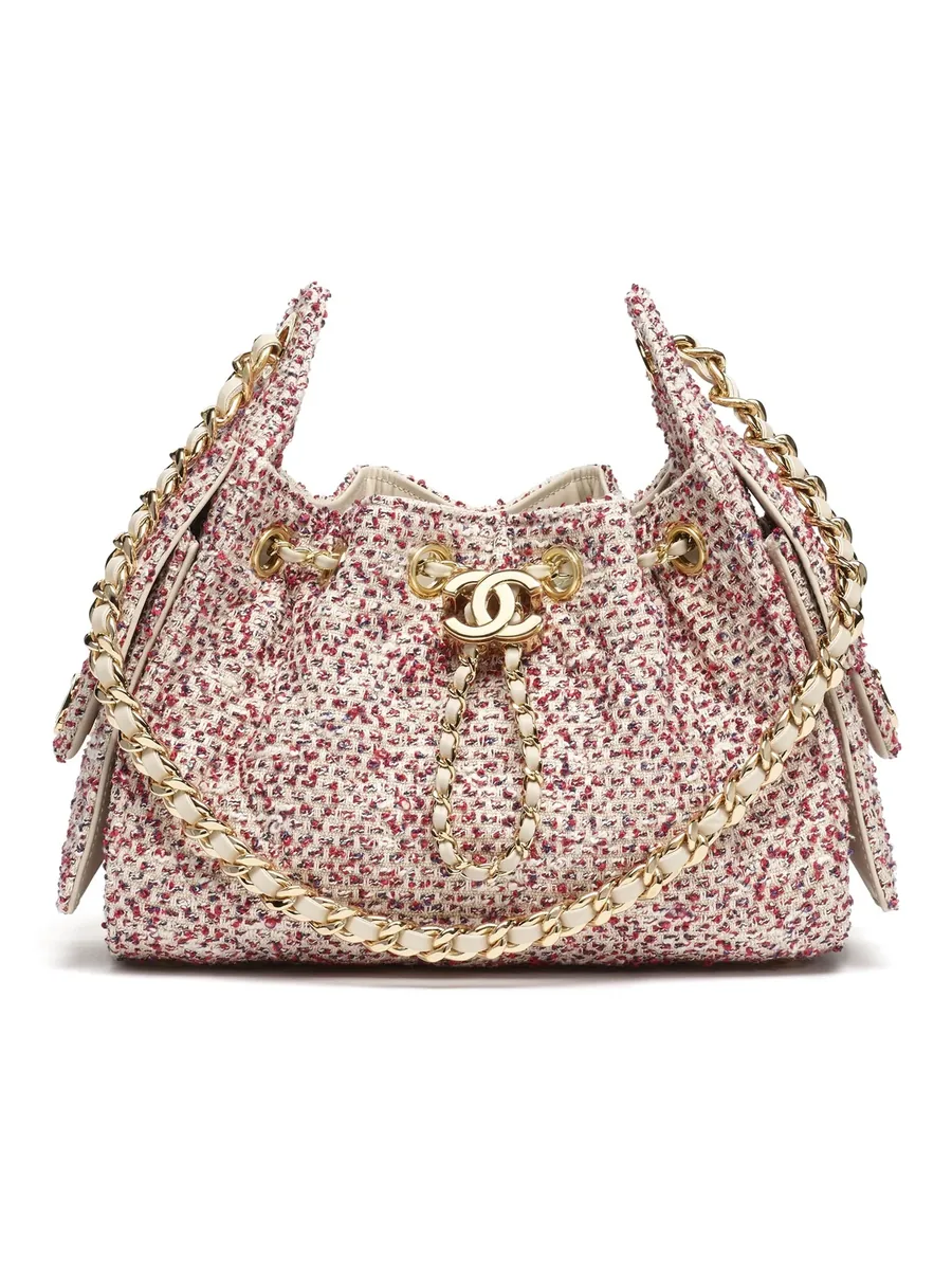 Ecru, Red and Blue Tweed Mini Drawstring Bag, front view